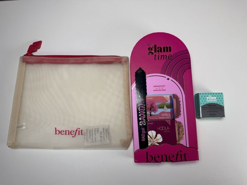 Benefit Cosmetics Its Glam Time Beauty Gift Set Makeup Kit POREfessional Bag NEW